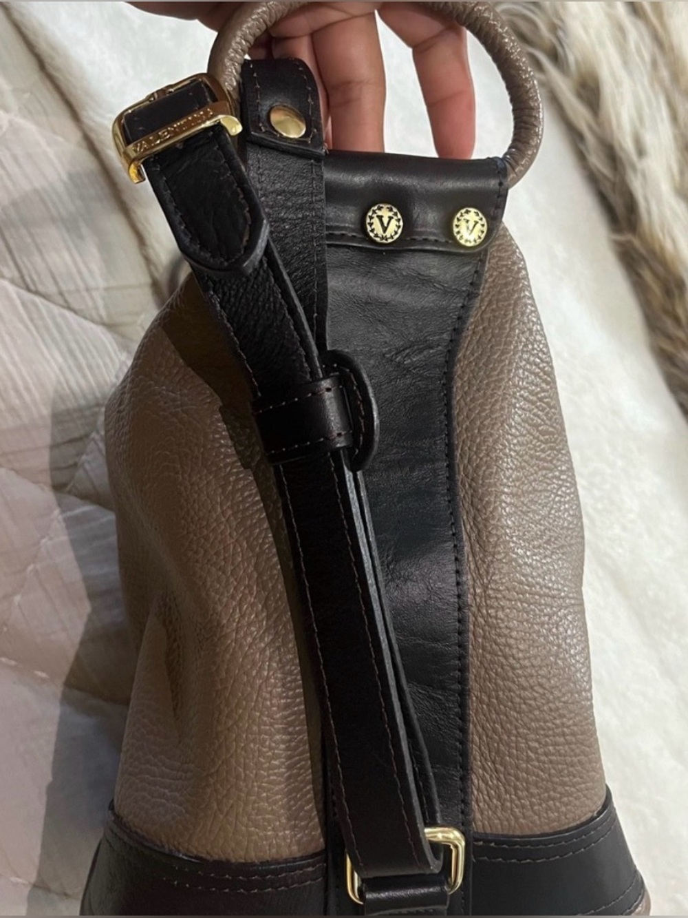 Valentina Taupe and Black Leather Shoulder Bag with Gold Accents